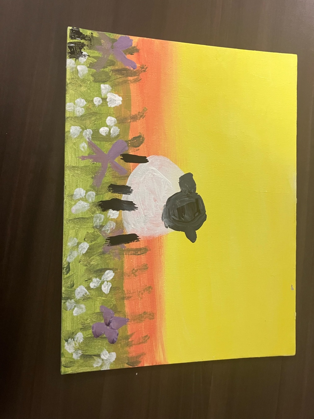 Hand-Painted Sheep Canvas Wall Art in Yellow and Green